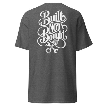 Built Not Bought Tee, Dark Heather back view — large typographic back print, Marque automotive apparel