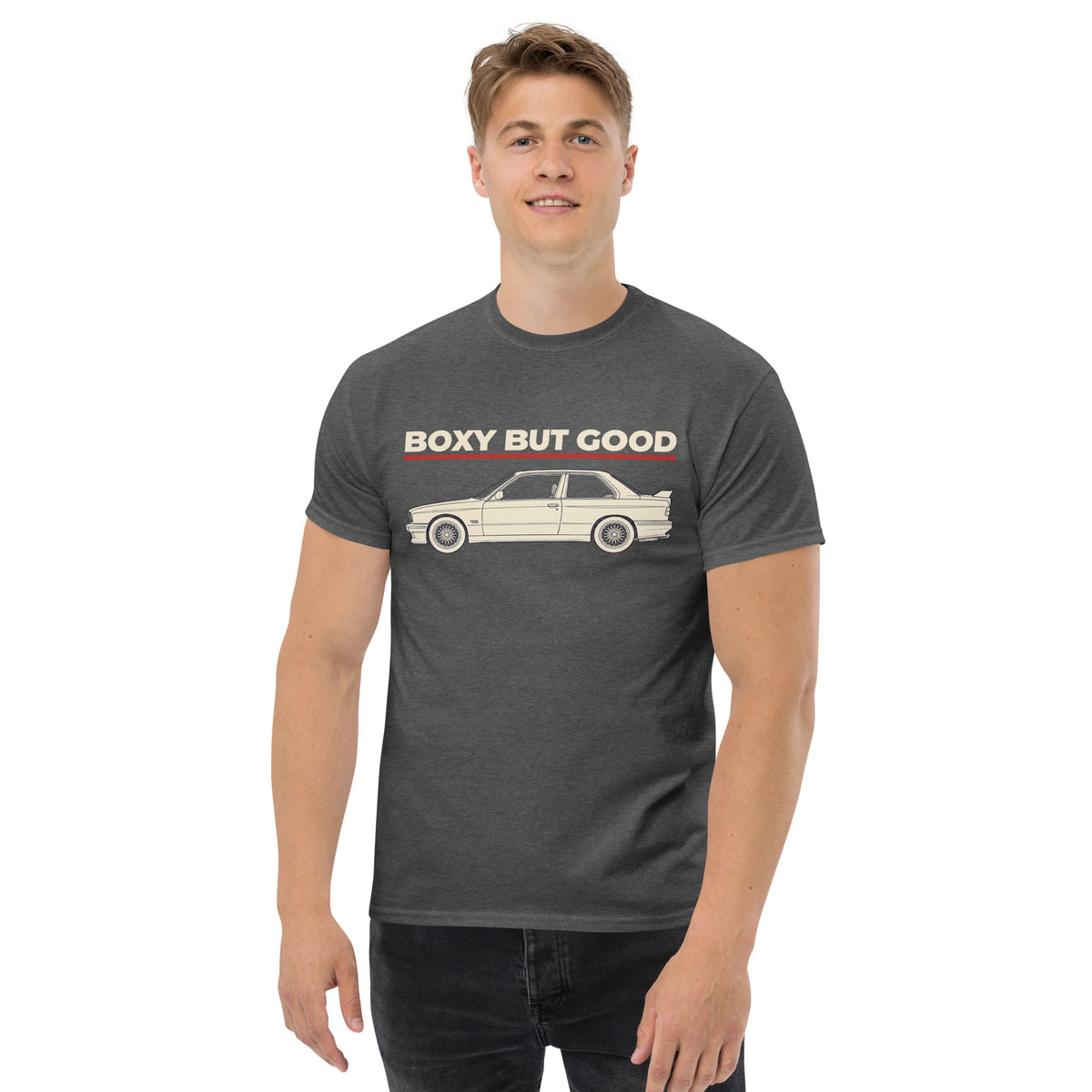 Boxy But Good Tee, Dark Heather — front print detail, BOXY BUT GOOD lettering above the car