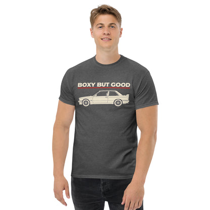 Boxy But Good Tee, Dark Heather — front print detail, BOXY BUT GOOD lettering above the car