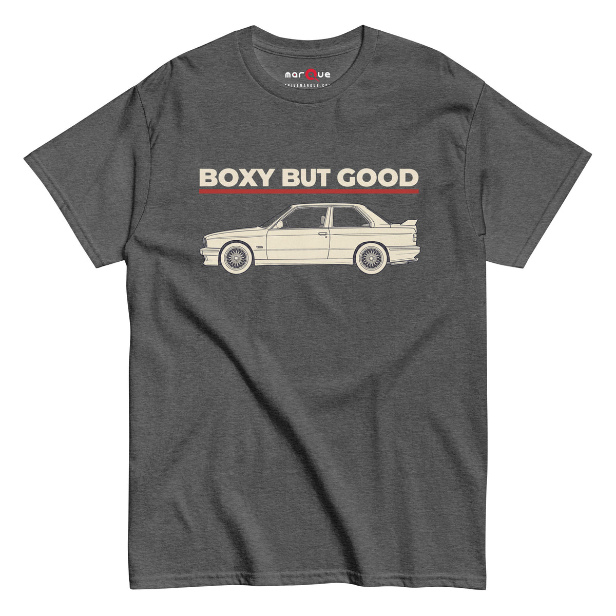 Boxy But Good Tee, Dark Heather front view — 80s sports saloon profile with sign-painter type, Marque automotive apparel