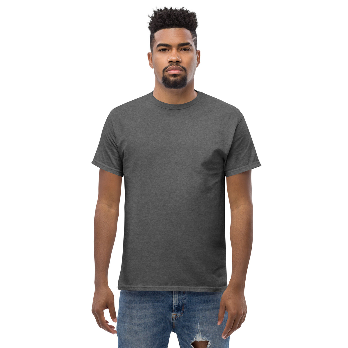 Front of the Dark Heather Feel the Fear tee, no front print