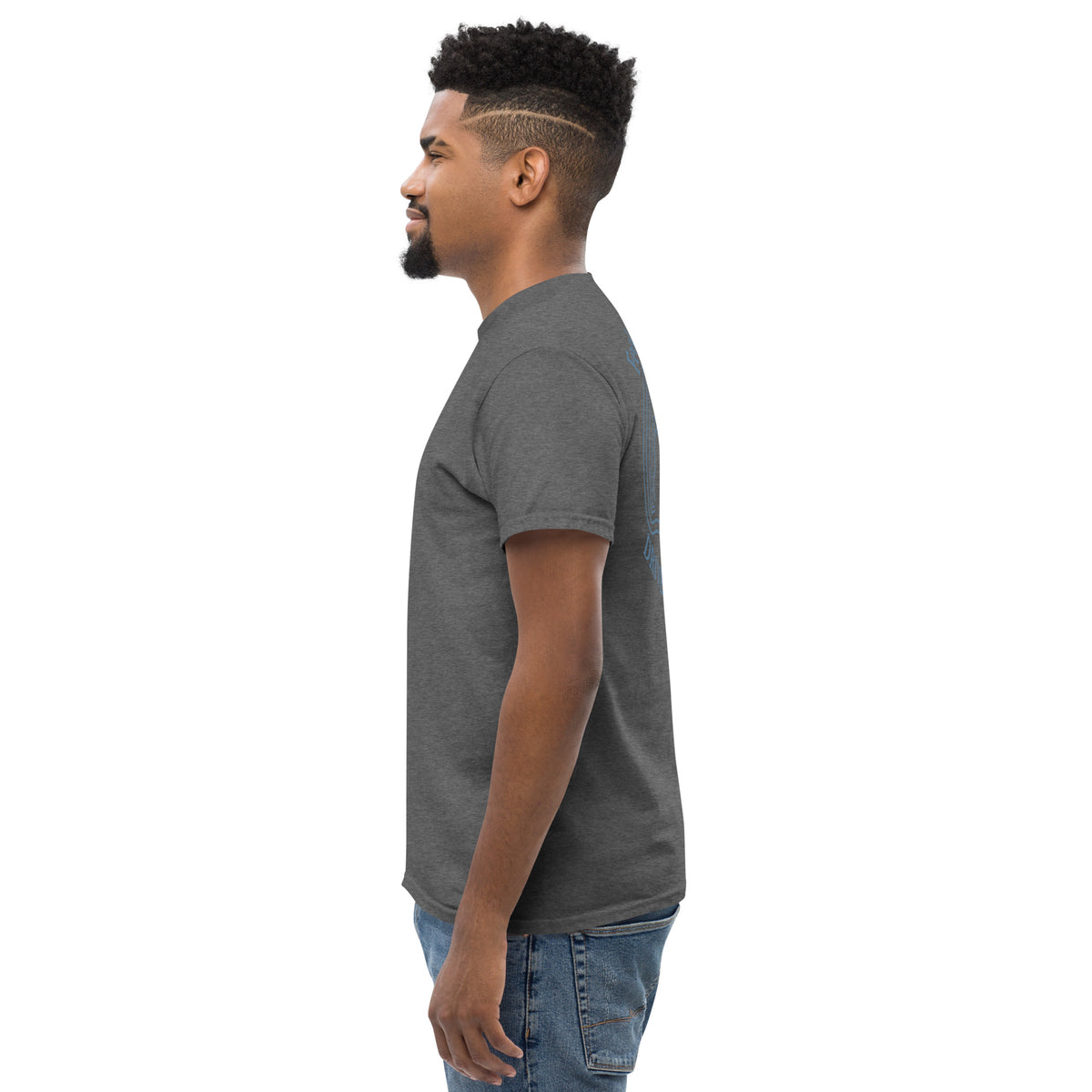 Dark Heather Feel the Fear tee from the left side