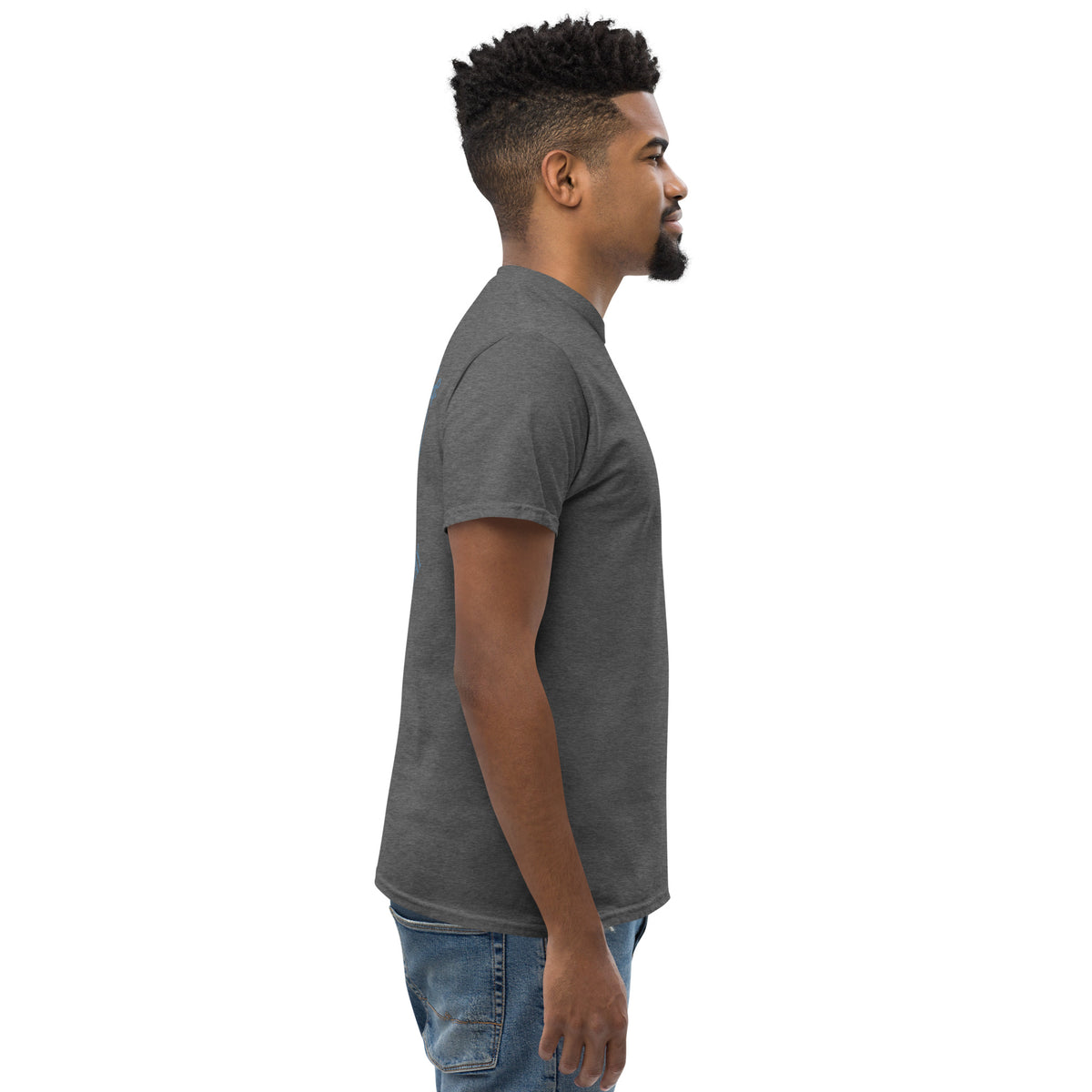 Dark Heather Feel the Fear tee from the right side