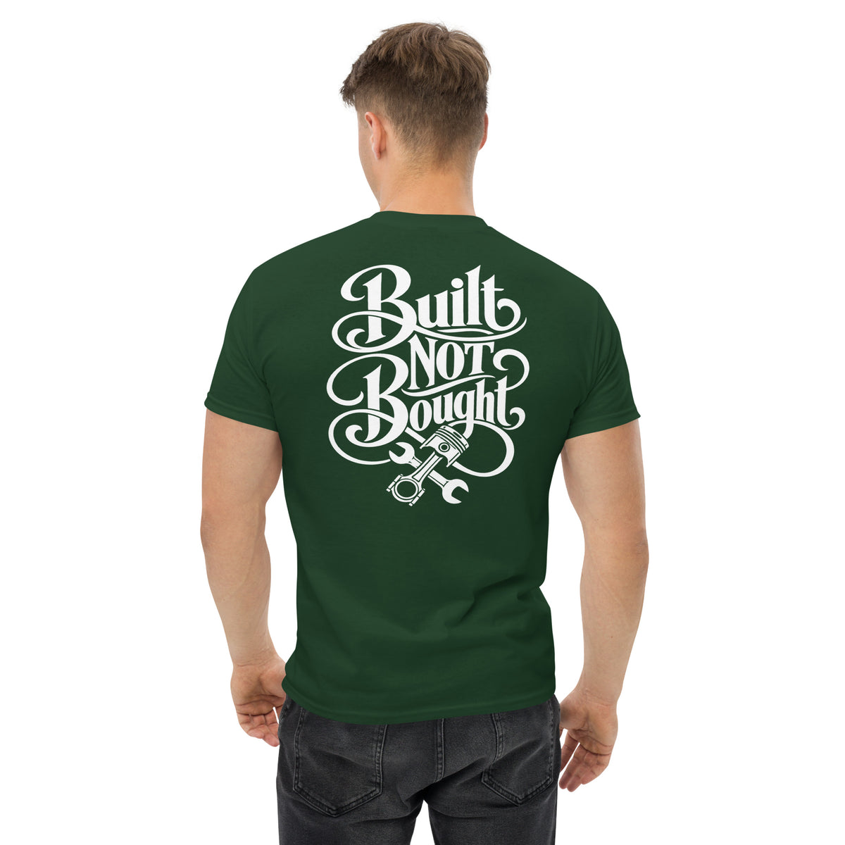 Built Not Bought Tee, Forest Green — back print detail