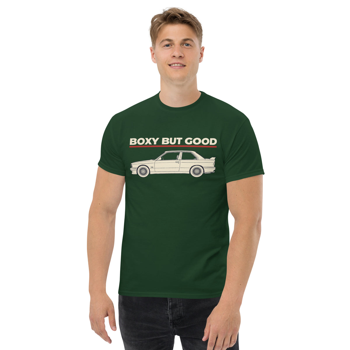 Boxy But Good Tee, Forest Green — front print detail, BOXY BUT GOOD lettering above the car