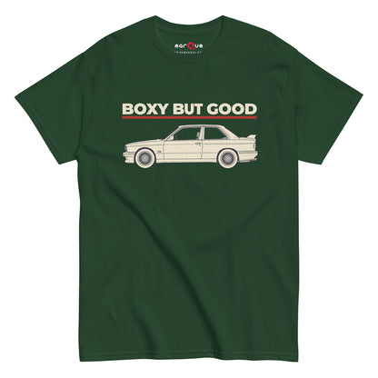 Boxy But Good Tee, Forest Green front view — 80s sports saloon profile with sign-painter type, Marque automotive apparel