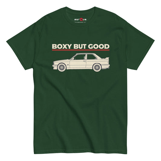 Boxy But Good Tee, Forest Green front view — 80s sports saloon profile with sign-painter type, Marque automotive apparel