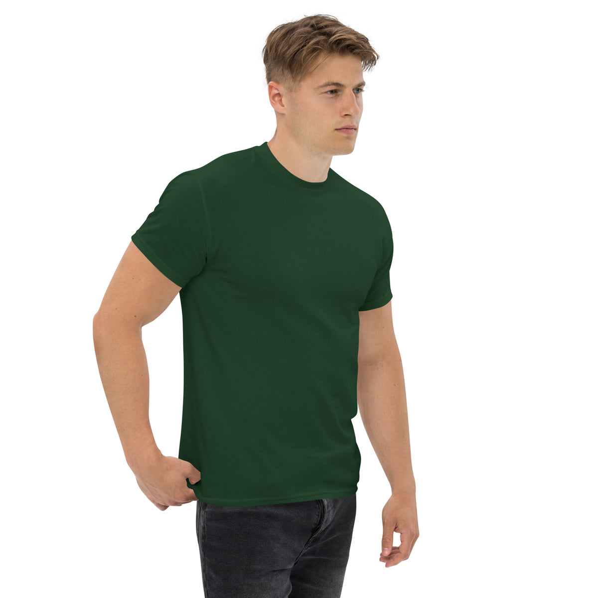 Built Not Bought Tee, Forest Green — right front three-quarter view showing the plain front