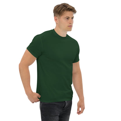 Built Not Bought Tee, Forest Green — right front three-quarter view showing the plain front
