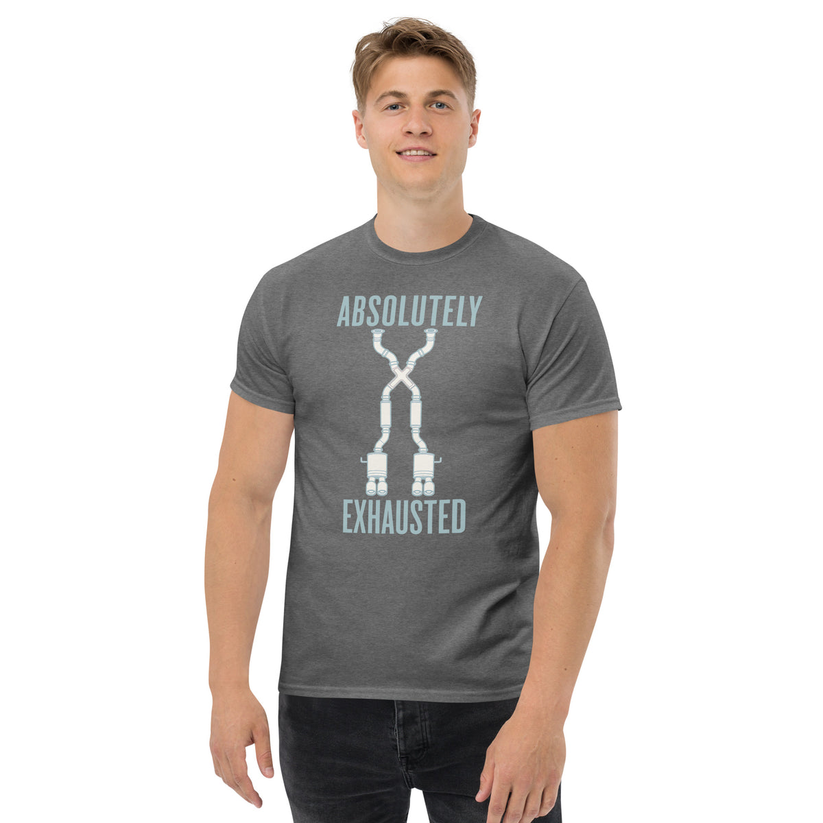 Absolutely Exhausted t-shirt, Graphite Heather front view (2) — Marque automotive apparel