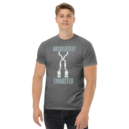 Absolutely Exhausted t-shirt, Graphite Heather front view (2) — Marque automotive apparel