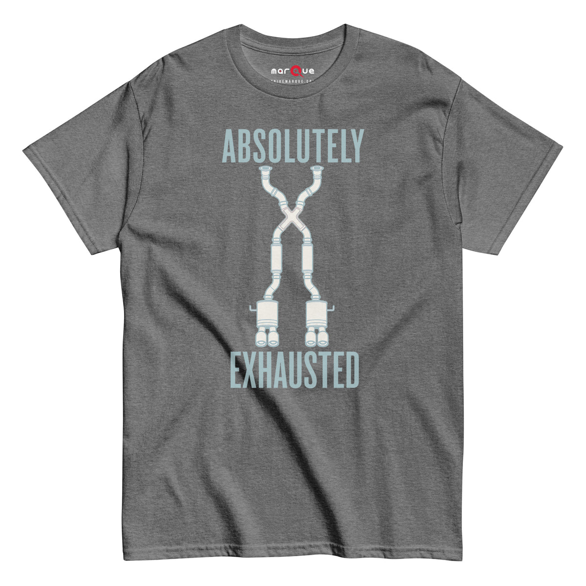 Absolutely Exhausted t-shirt, Graphite Heather front view — Marque automotive apparel