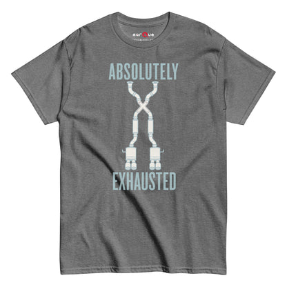 Absolutely Exhausted t-shirt, Graphite Heather front view — Marque automotive apparel