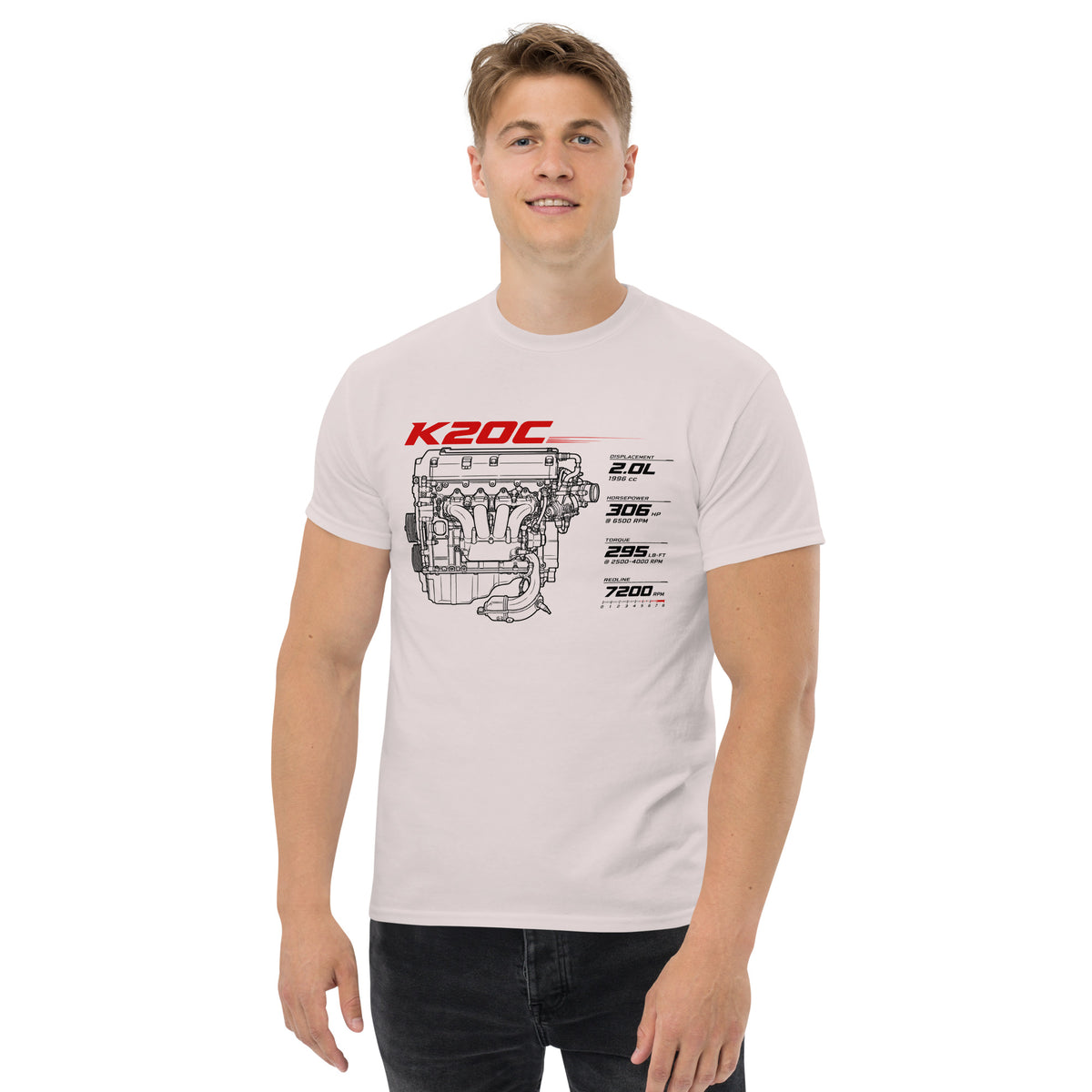 K20C Tee, Ice Grey — front print detail with displacement, horsepower, torque and redline spec block