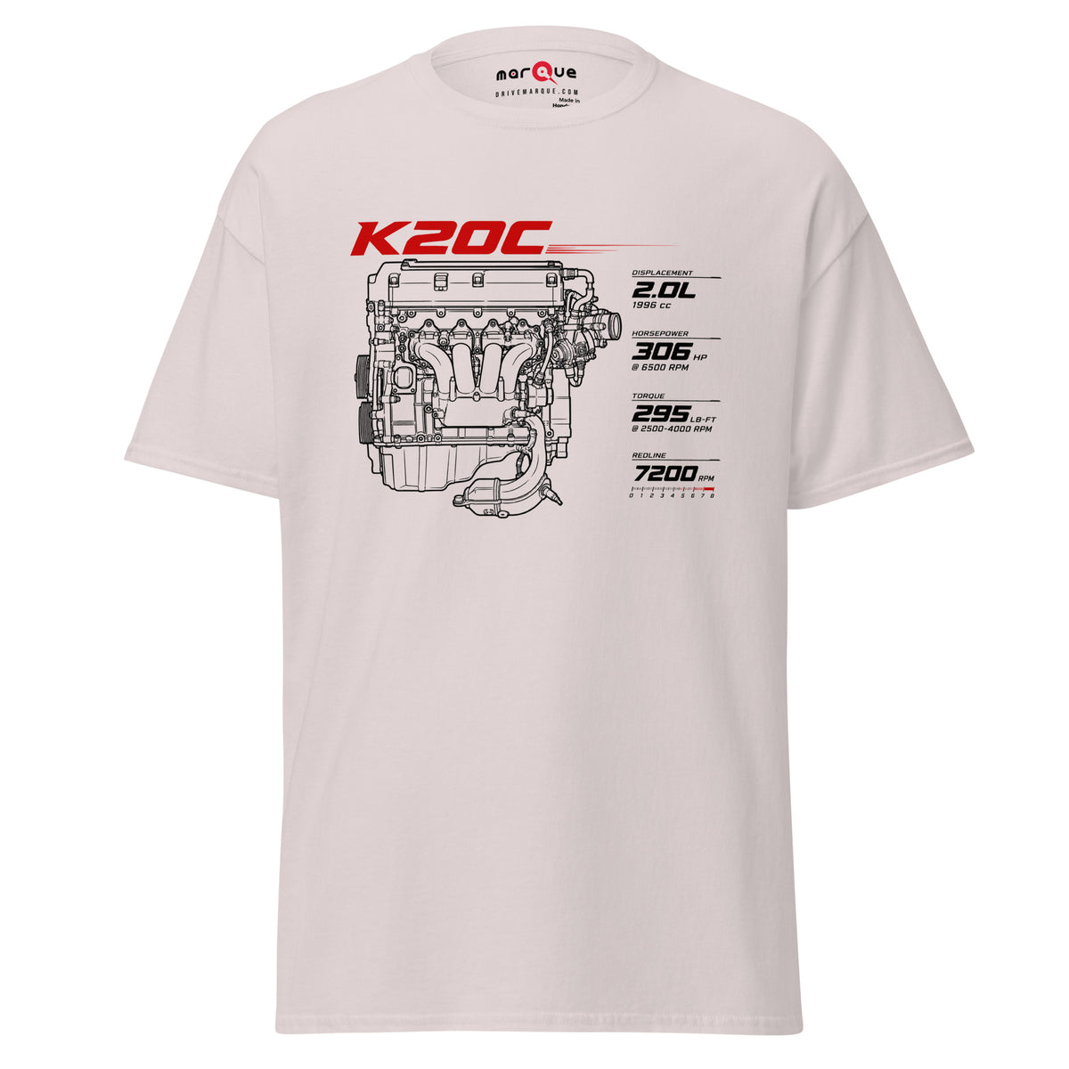 K20C Tee, Ice Grey front view — turbocharged four-cylinder engine blueprint, Marque automotive apparel