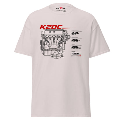 K20C Tee, Ice Grey front view — turbocharged four-cylinder engine blueprint, Marque automotive apparel