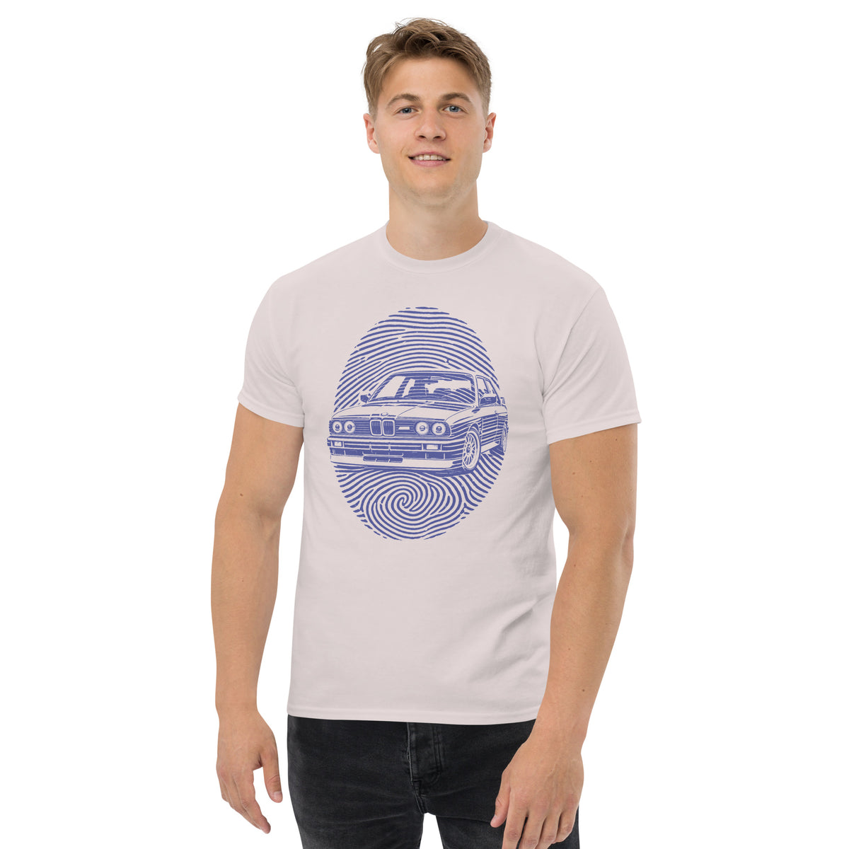 E30 DNA Tee, Ice Grey — front print detail, fingerprint ridges forming the car