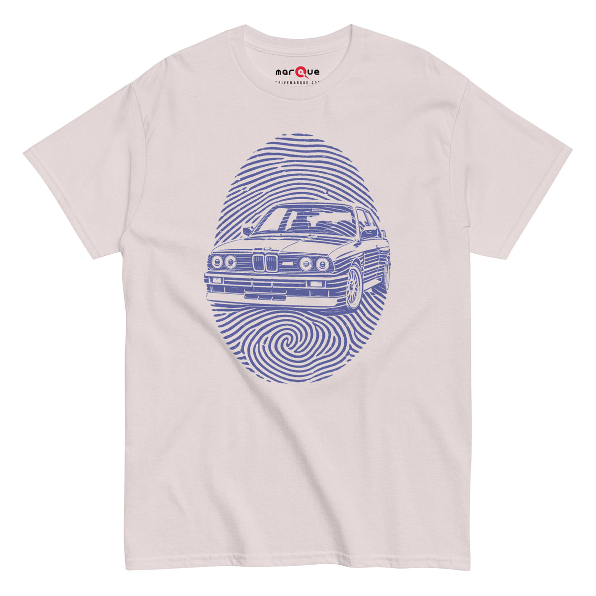 E30 DNA Tee, Ice Grey front view — boxy 80s coupe inside a fingerprint whorl, Marque automotive apparel