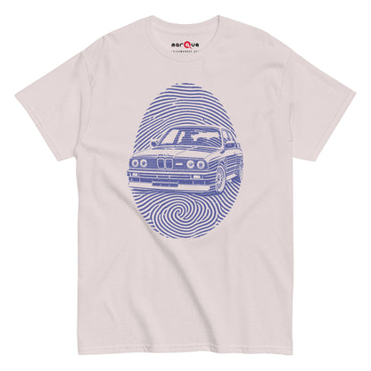 E30 DNA Tee, Ice Grey front view — boxy 80s coupe inside a fingerprint whorl, Marque automotive apparel