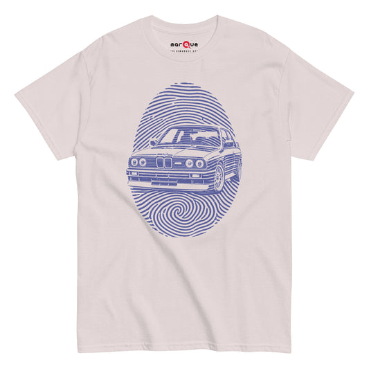 E30 DNA Tee, Ice Grey front view — boxy 80s coupe inside a fingerprint whorl, Marque automotive apparel