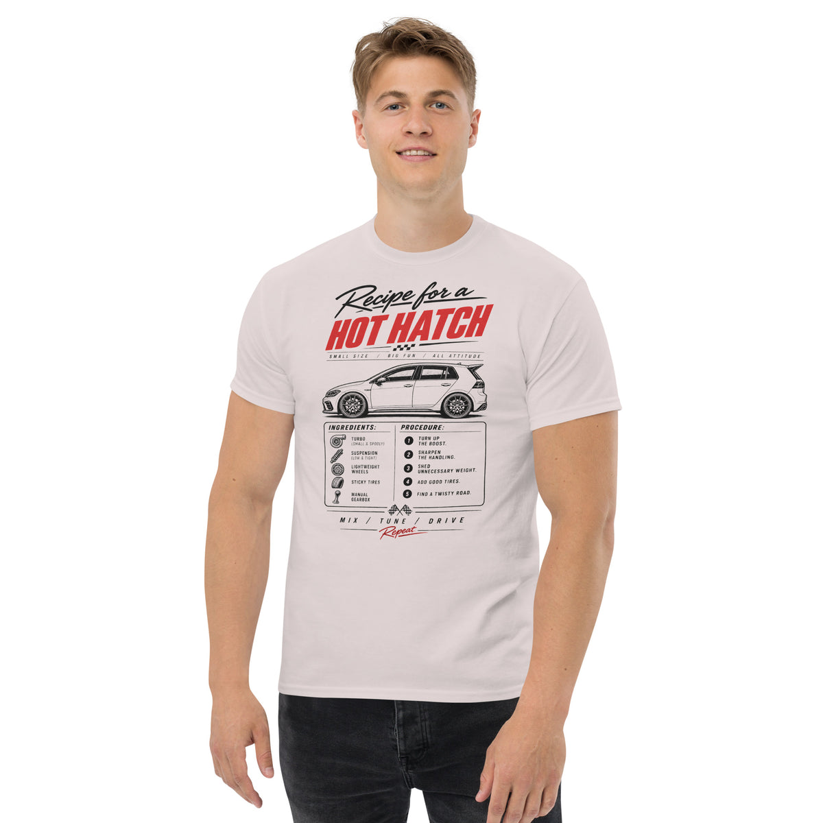 Ice Grey hot hatch recipe tee showing the print scale across the chest