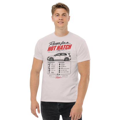 Ice Grey hot hatch recipe tee showing the print scale across the chest