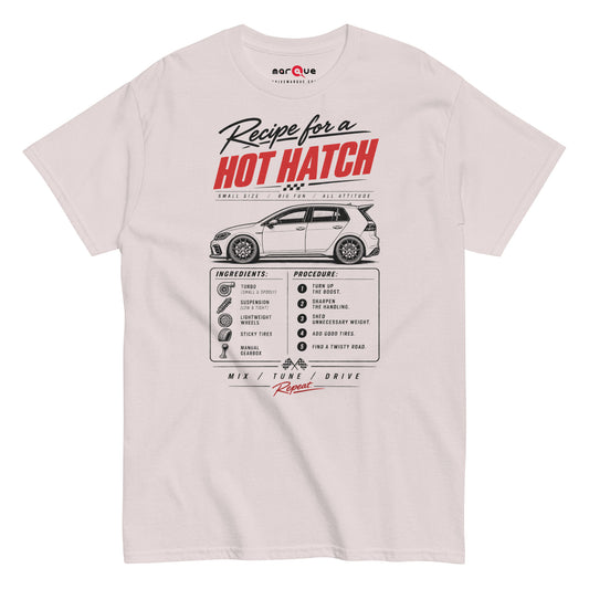Ice Grey hot hatch recipe t-shirt — ingredients and procedure panels printed beneath the car