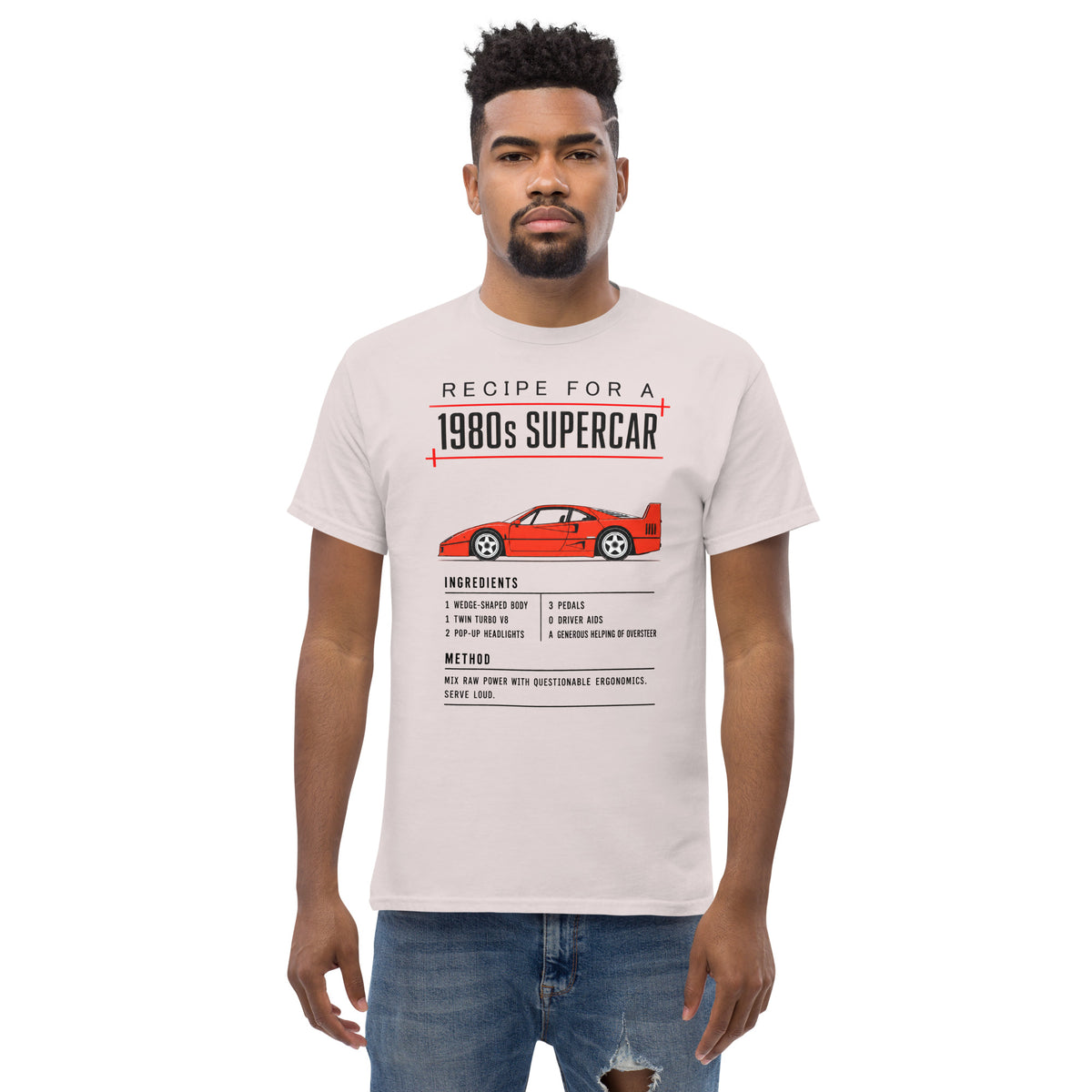 Recipe for a 1980s Supercar tee, Ice Grey front view (2) — Marque automotive apparel