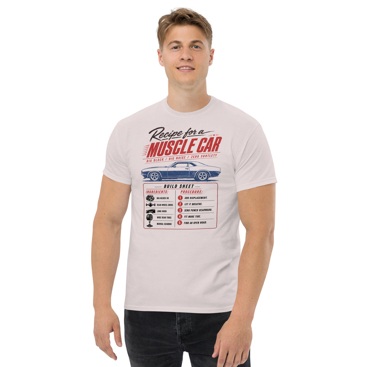 Muscle Car Recipe t-shirt in Ice Grey, worn — Marque automotive apparel
