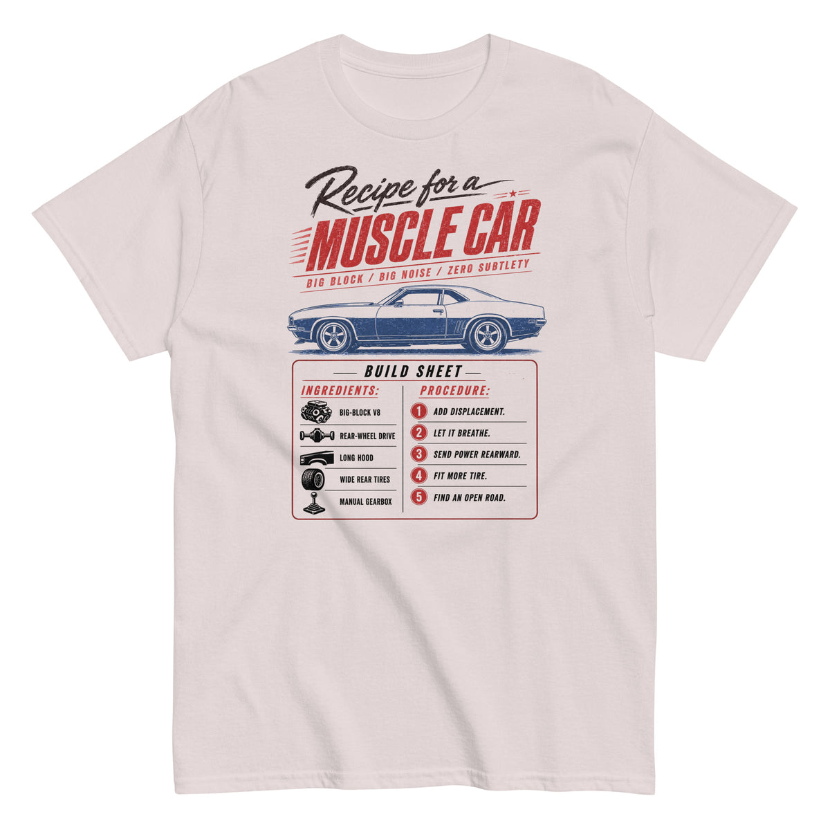 Muscle Car Recipe t-shirt in Ice Grey — build sheet graphic with big-block V8 coupé — Marque automotive apparel
