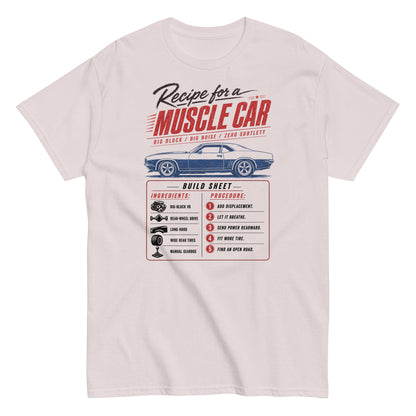 Muscle Car Recipe t-shirt in Ice Grey — build sheet graphic with big-block V8 coupé — Marque automotive apparel