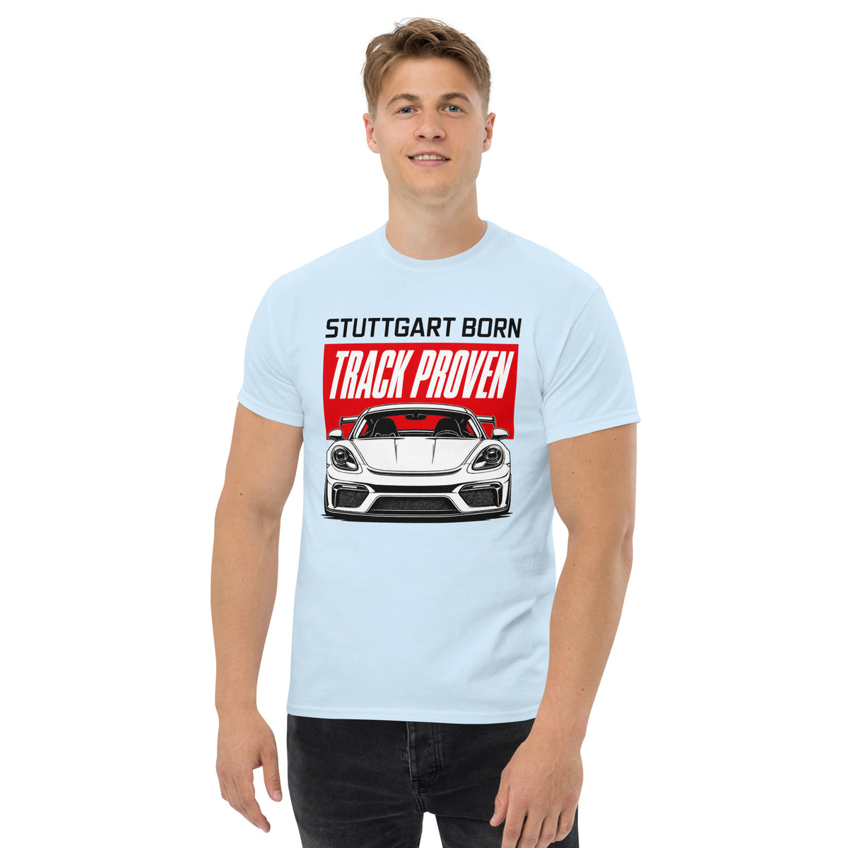 Stuttgart Born, Track Proven Tee, Light Blue front view (2) — Marque automotive apparel