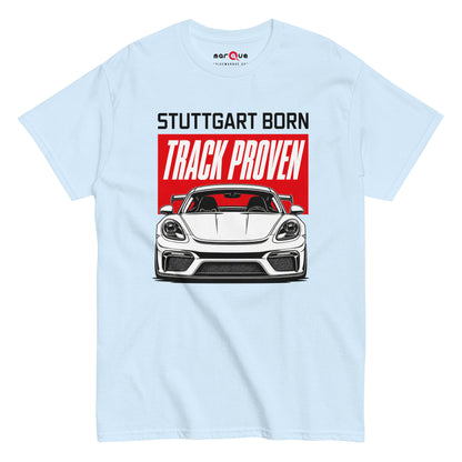 Stuttgart Born, Track Proven Tee, Light Blue front view — Marque automotive apparel
