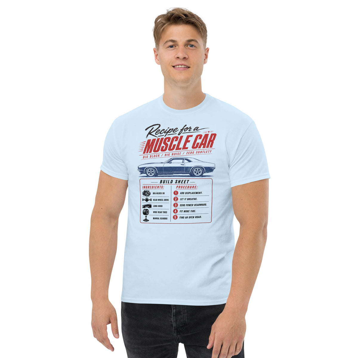 Muscle Car Recipe t-shirt in Light Blue, worn — Marque automotive apparel