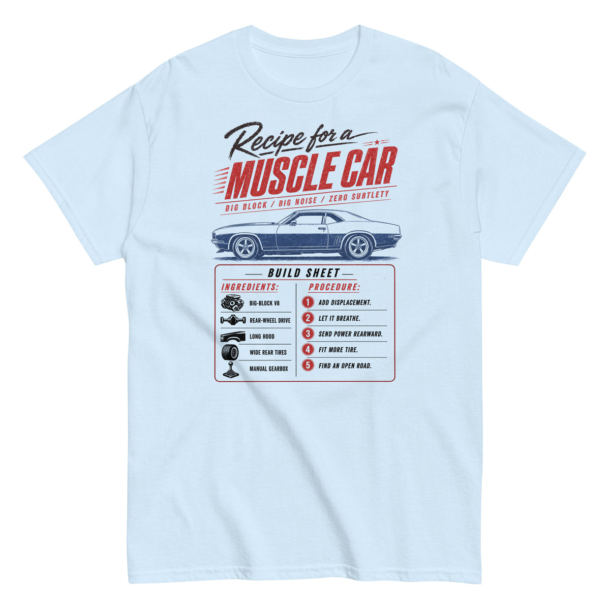 Muscle Car Recipe t-shirt in Light Blue — build sheet graphic with big-block V8 coupé — Marque automotive apparel
