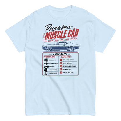 Muscle Car Recipe t-shirt in Light Blue — build sheet graphic with big-block V8 coupé — Marque automotive apparel