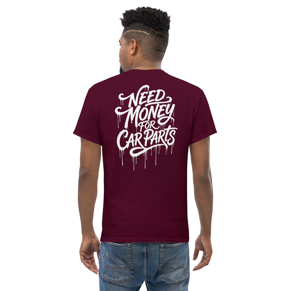 Need Money For Car Parts Tee, Maroon — back print detail, script lettering with paint drips