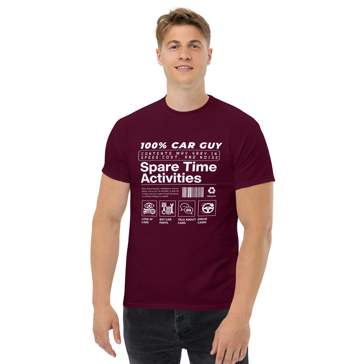 100% Car Guy t-shirt in Maroon, worn — Marque automotive apparel