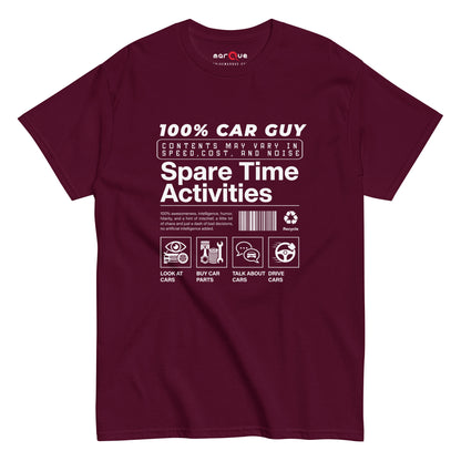 100% Car Guy t-shirt in Maroon — parody product label with spare time activities — Marque automotive apparel