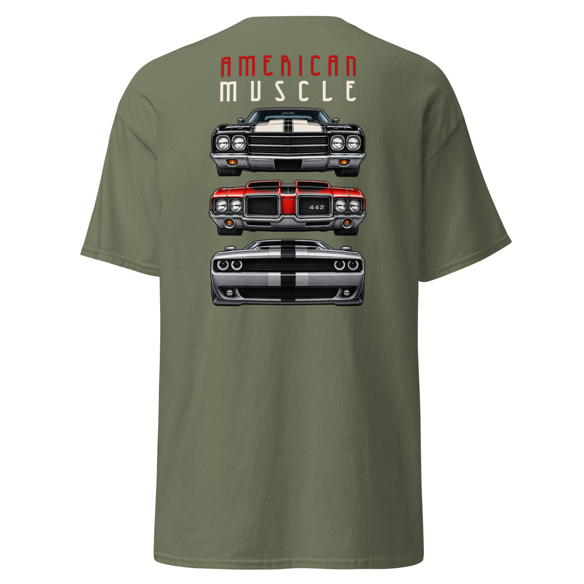 American Muscle Tee, Military Green back view — three muscle car front ends, large back print, Marque automotive apparel