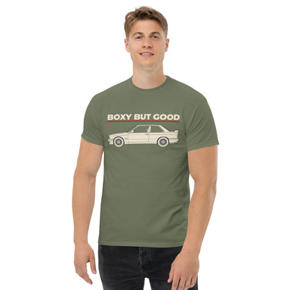 Boxy But Good Tee, Military Green — front print detail, BOXY BUT GOOD lettering above the car