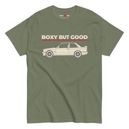 Boxy But Good Tee, Military Green front view — 80s sports saloon profile with sign-painter type, Marque automotive apparel