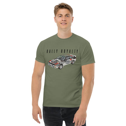 Rally Royalty Tee, Military Green — worn front view, Marque automotive apparel