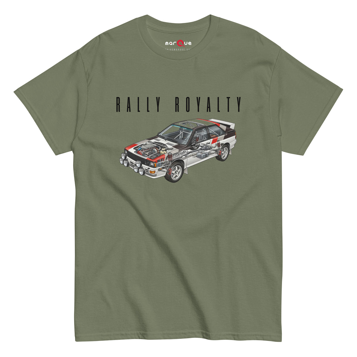 Rally Royalty Tee, Military Green front view — Group B rally cutaway front print, Marque automotive apparel