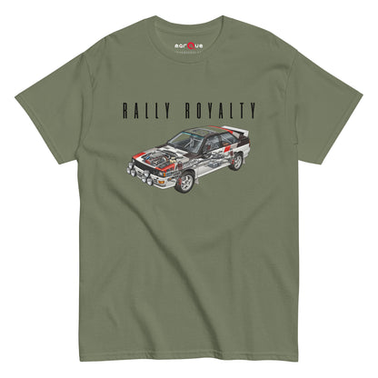 Rally Royalty Tee, Military Green front view — Group B rally cutaway front print, Marque automotive apparel