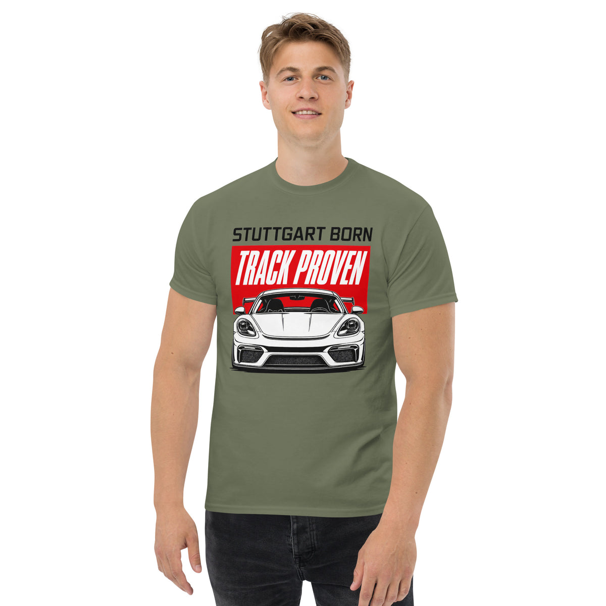 Stuttgart Born, Track Proven Tee, Military Green front view (2) — Marque automotive apparel