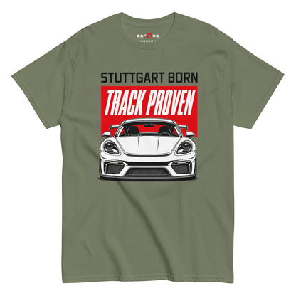 Stuttgart Born, Track Proven Tee, Military Green front view — Marque automotive apparel