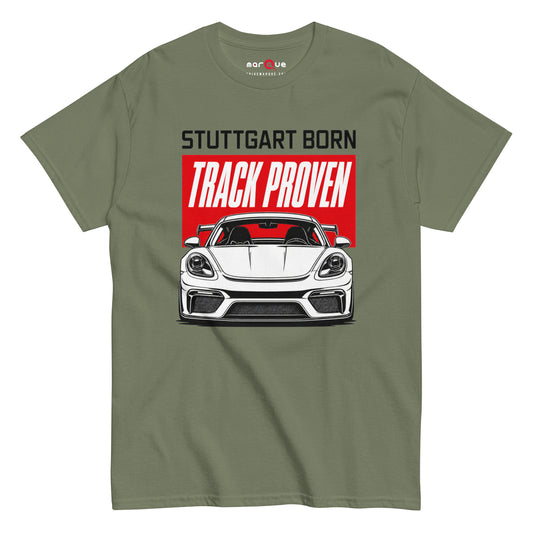 Stuttgart Born, Track Proven Tee, Military Green front view — Marque automotive apparel