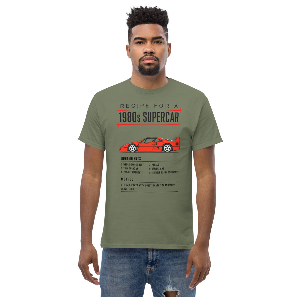 Recipe for a 1980s Supercar tee, Military Green front view (2) — Marque automotive apparel