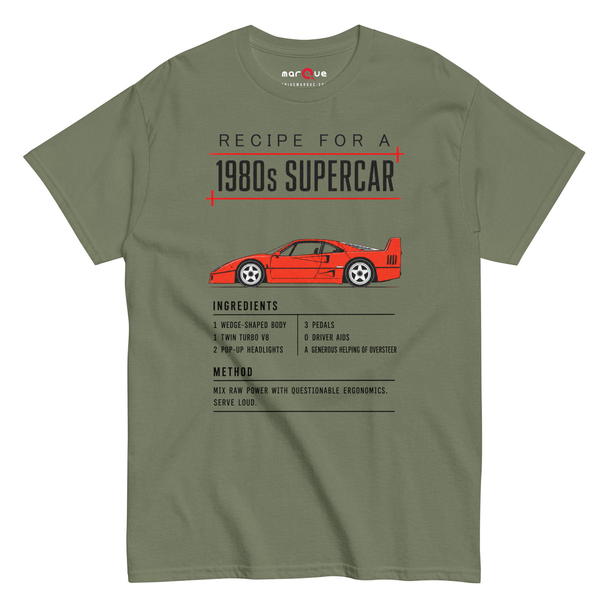Recipe for a 1980s Supercar tee, Military Green front view — Marque automotive apparel